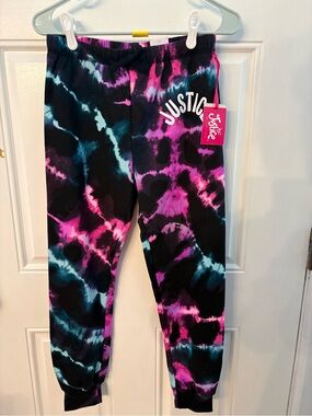 Justice Black Tie-Dye Joggers with Pink & Teal Accents